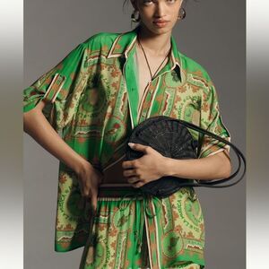 ALEMAIS Anthropologie La Musica Silk Short Sleeve Buttondown Shirt in Green